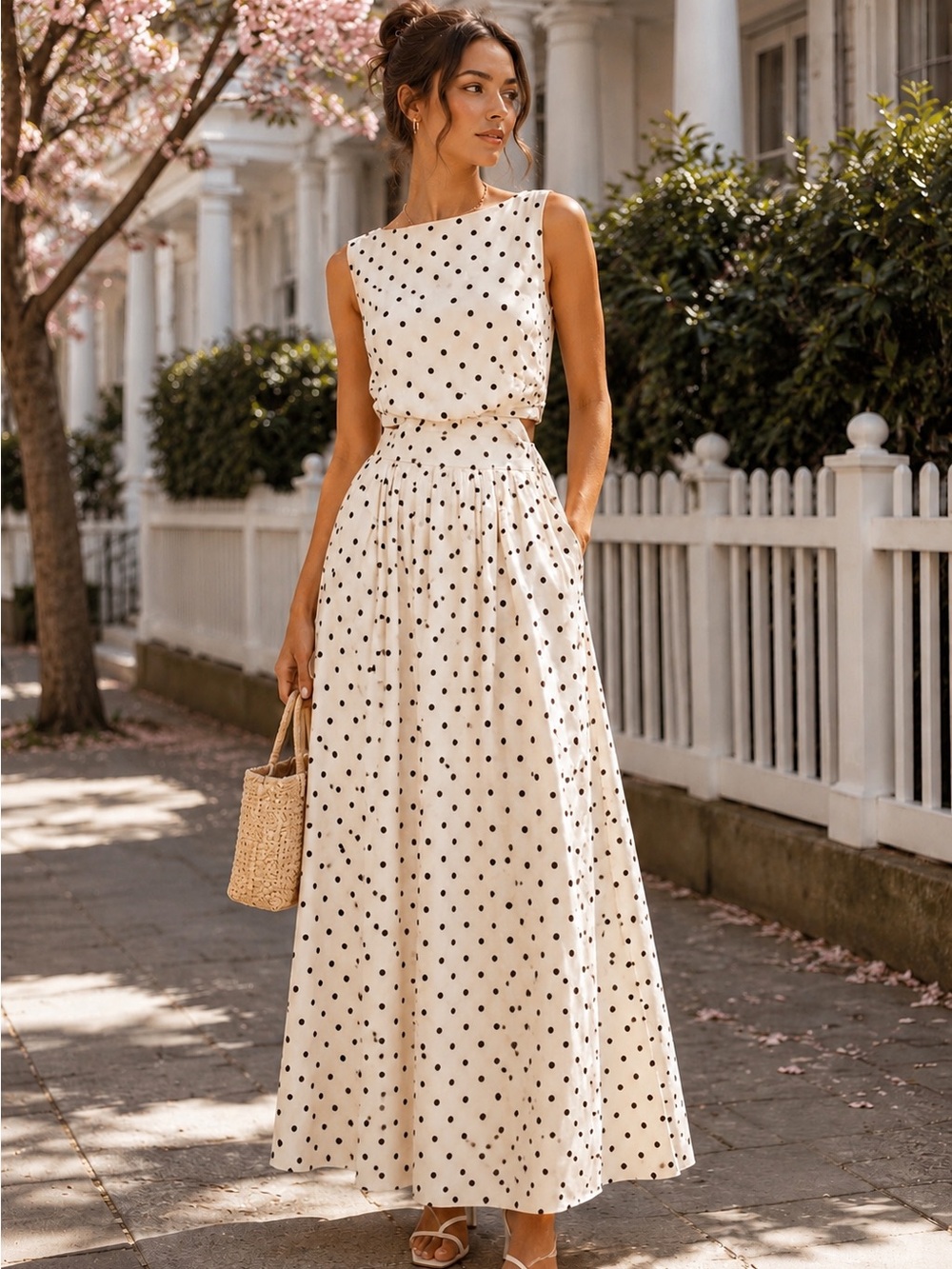 COMMENSE Polka Dot Sleeveless Top & Maxi Skirt Two-Piece Set